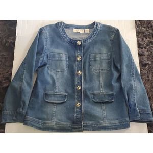 Carrie Allen Rhinestone Bling Button Down Blue Jean Jacket Round Neck M Cotton